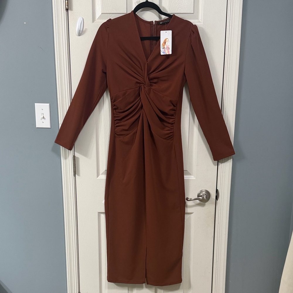New PrettyGarden Long Sleeve Brown Dress Elegant Wear Career Office Wear Luxury - Picture 8 of 15